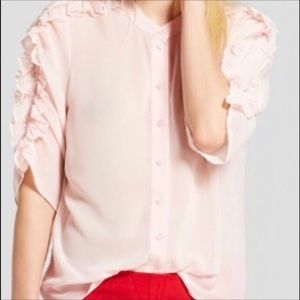 Who What Wear Pink Lace Mix Ruffle Shoulder Top